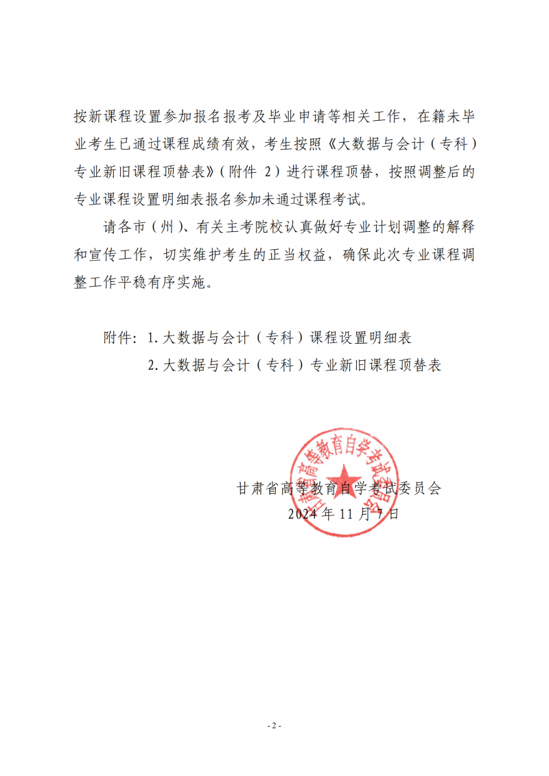 24关于调整甘肃省高等教育自学考试大数据会计（专科）专业课程计划的通知 甘考委发7号_01.png
